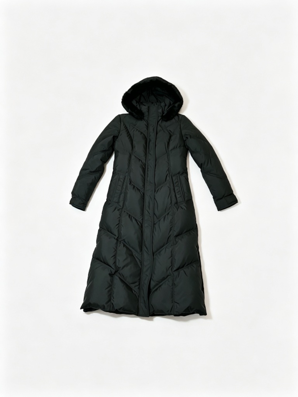 T Tahari Long Down Coat with Rabbit Fur Hood | Size XS